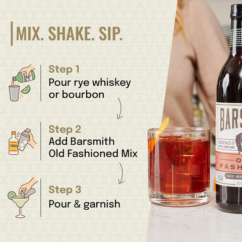 Barsmith Old Fashioned Mix closeup of ingredients: water, cane sugar, honey for natural sweetness.
