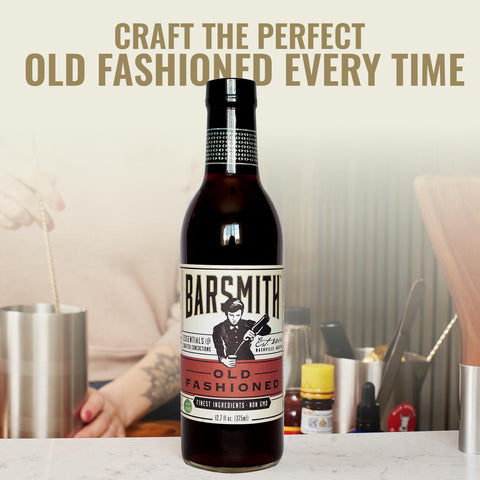 Barsmith Old Fashioned Mix label closeup, natural flavors for balanced sweetness and bitterness.