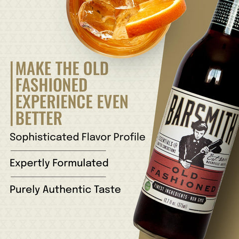 Barsmith Old Fashioned Mix being poured into a glass, smooth authentic flavor for easy mixing.