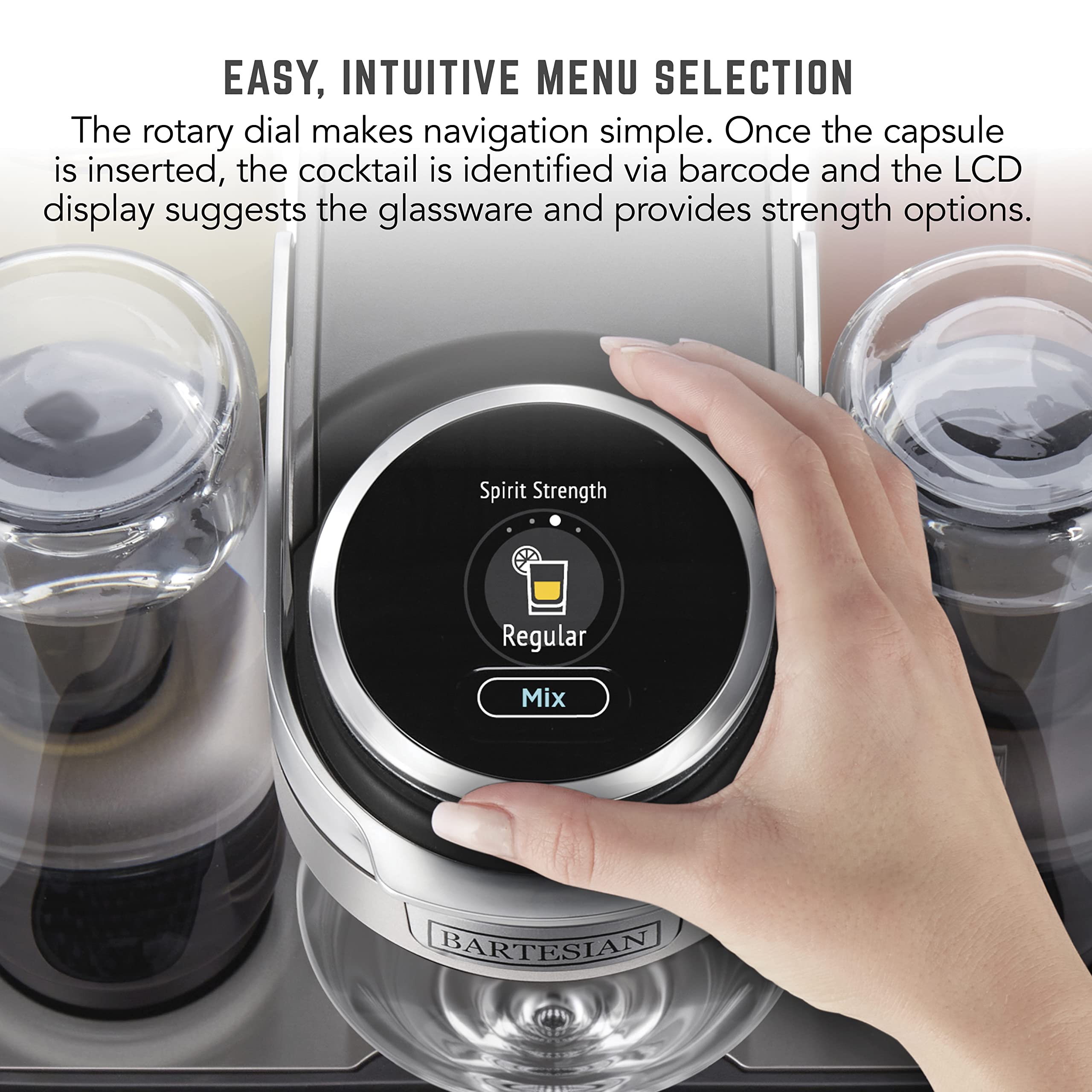 Bartesian five premium glass bottles displayed on a sleek bar setup.