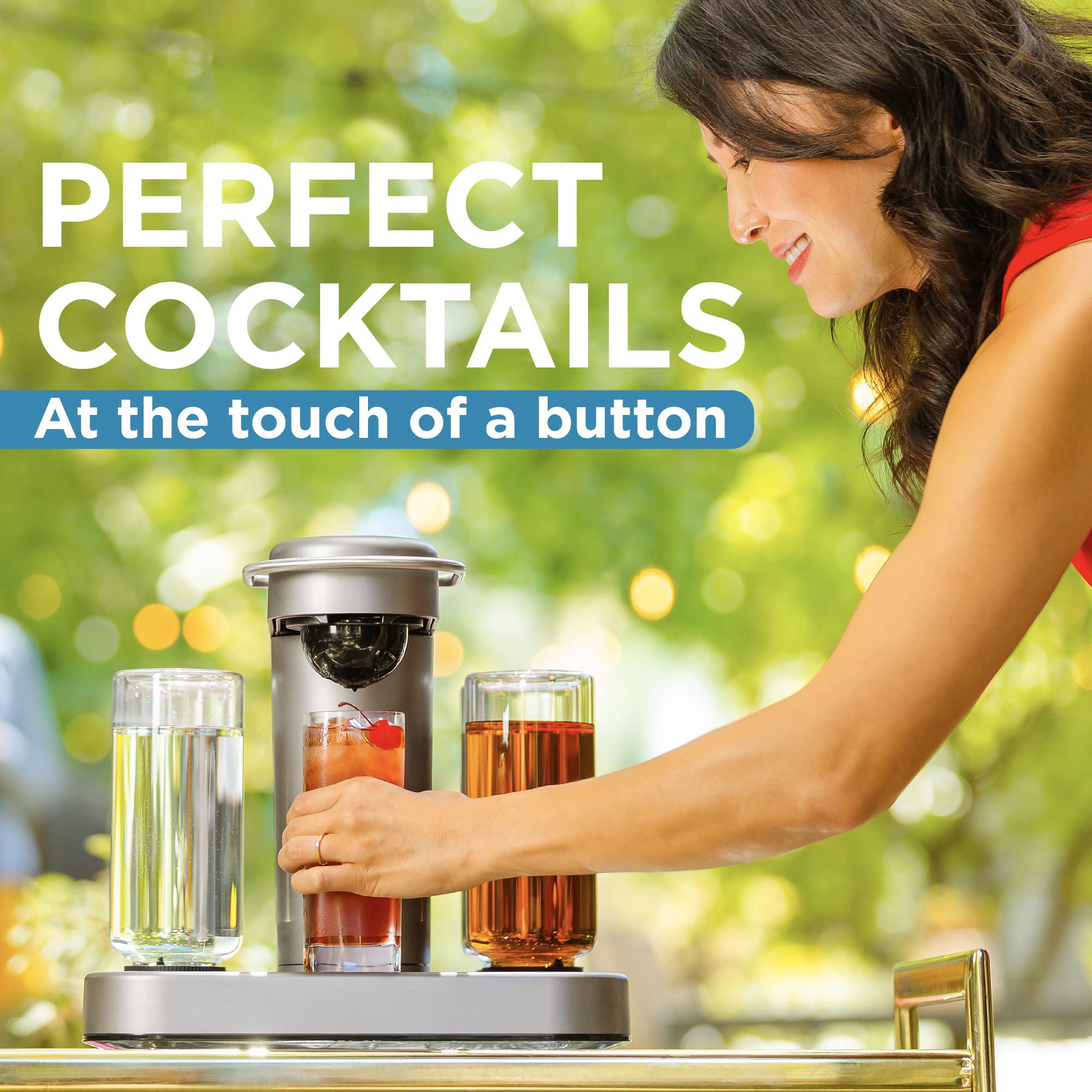 Capsule-dispensing action shows real ingredients for consistent cocktails at home