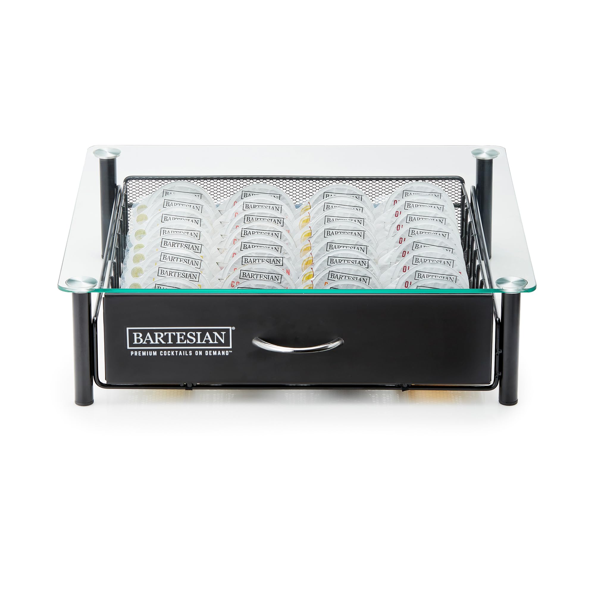 Bartesian capsule storage drawer top view showing organized capsules for easy access