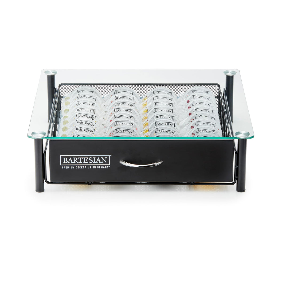Bartesian capsule storage drawer top view showing organized capsules for easy access