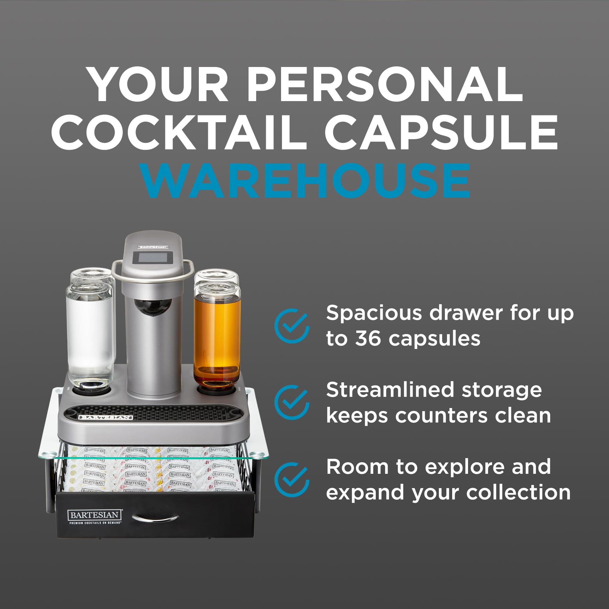 Bartesian drawer holds 36 capsules for quick cocktail options