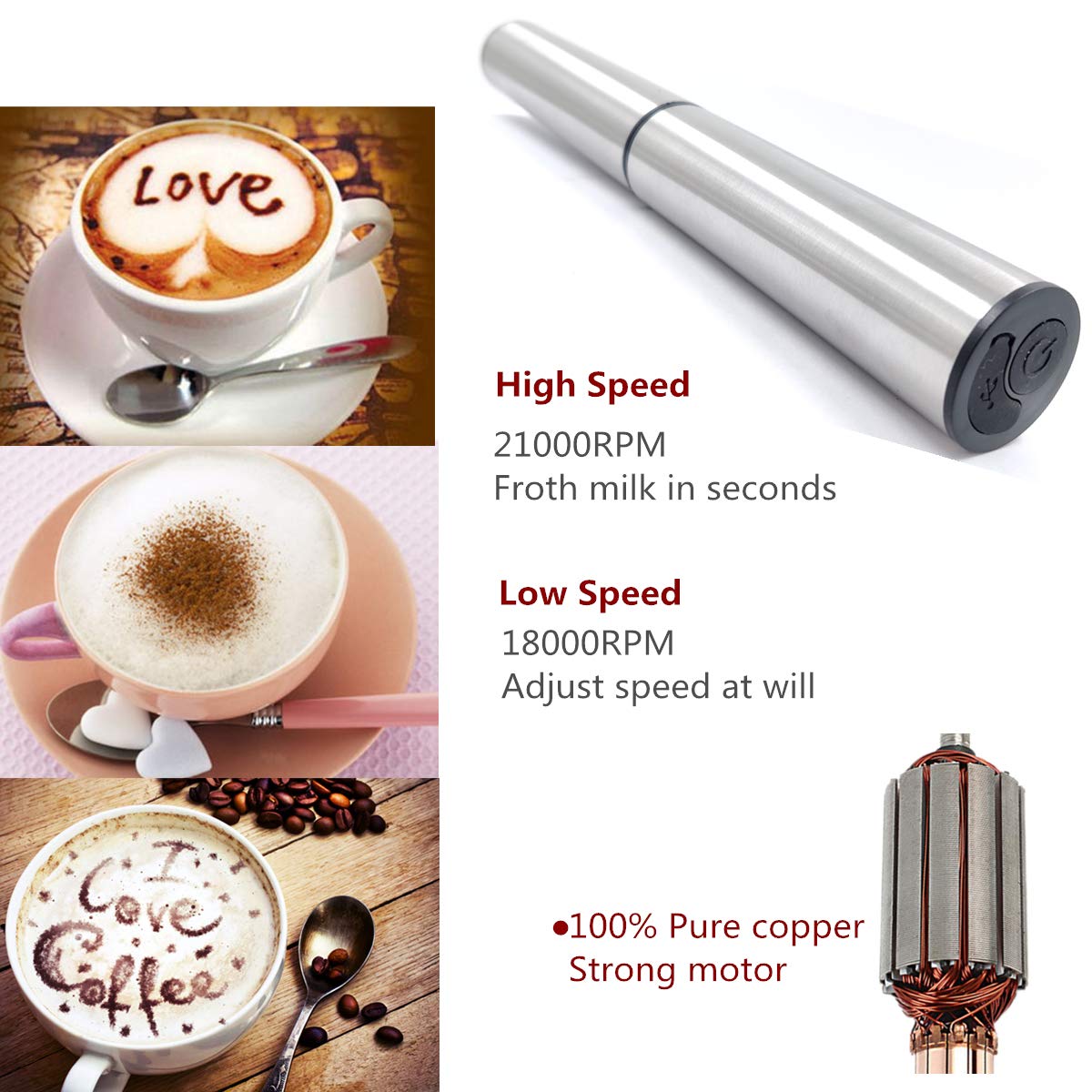 BASECENT rechargeable foamer in stainless steel for cordless latte art.