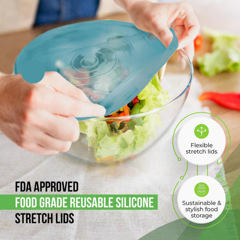 Basic Haus Aqua Mist stretch lid 7-0 inch seals containers, preserving flavor and reducing waste