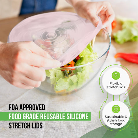 Basic Haus stretch lid covers a rectangular container for meal prep.