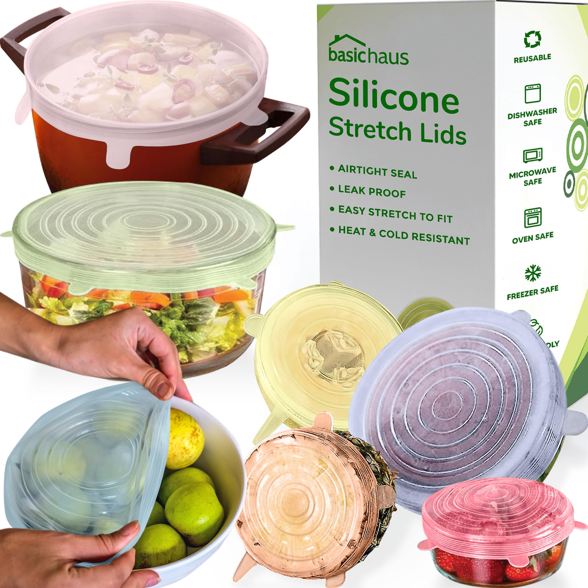 Basic Haus silicone stretch lids cover a round bowl for fresh leftovers.
