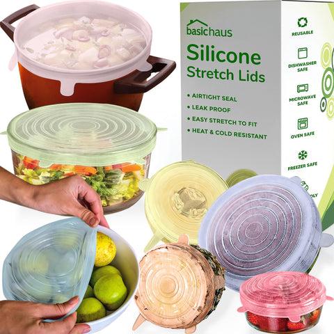 Basic Haus silicone stretch lids cover a round bowl for fresh leftovers.