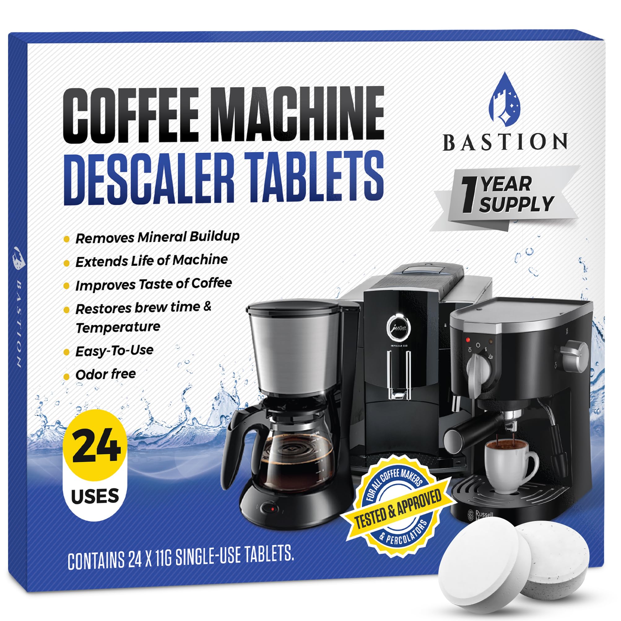 Bastion coffee cleaner tablets in front pack help maintain peak flavor and long machine life.