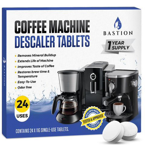 Bastion coffee cleaner tablets in front pack help maintain peak flavor and long machine life.