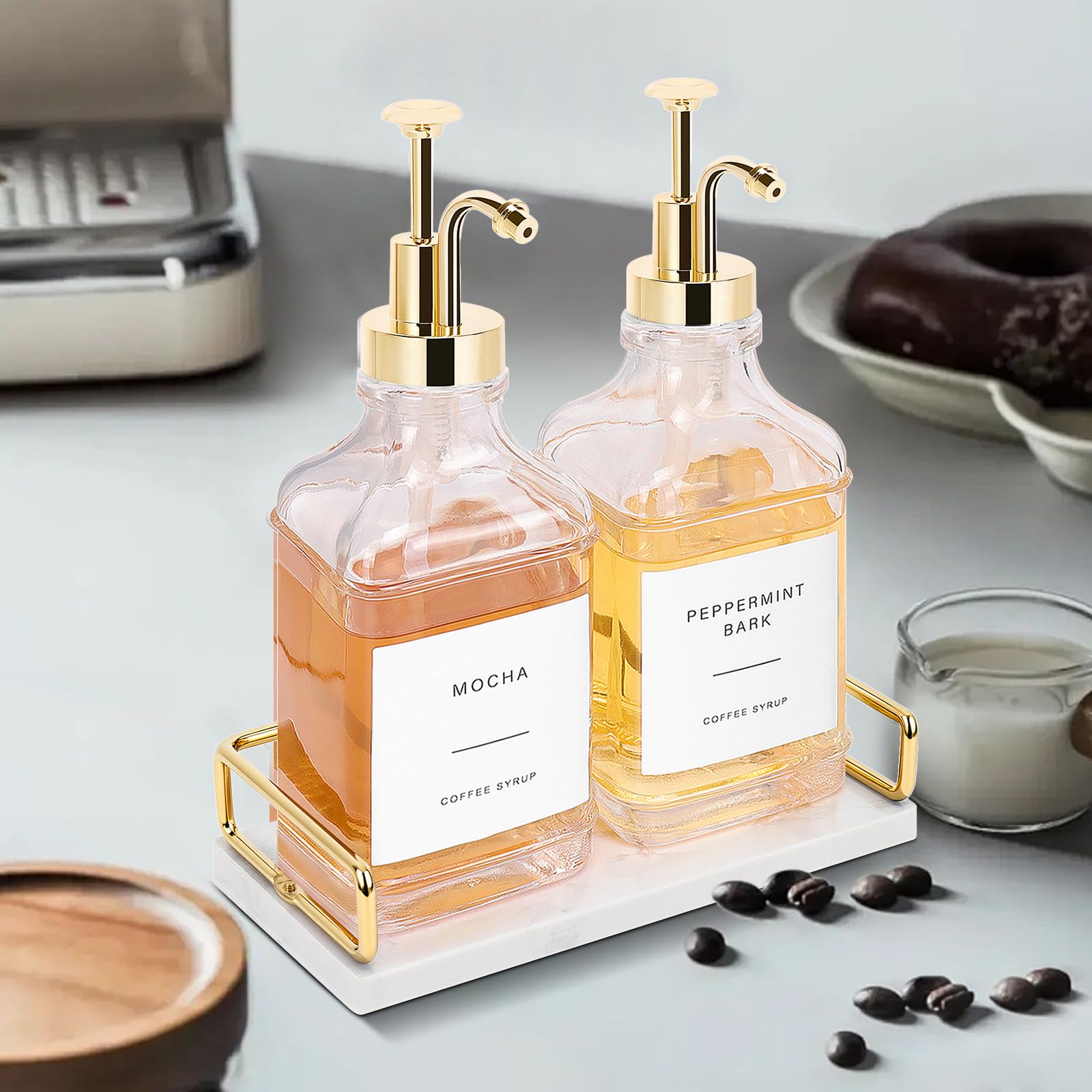 BathAce coffee bar setup featuring syrup bottles on glossy surface