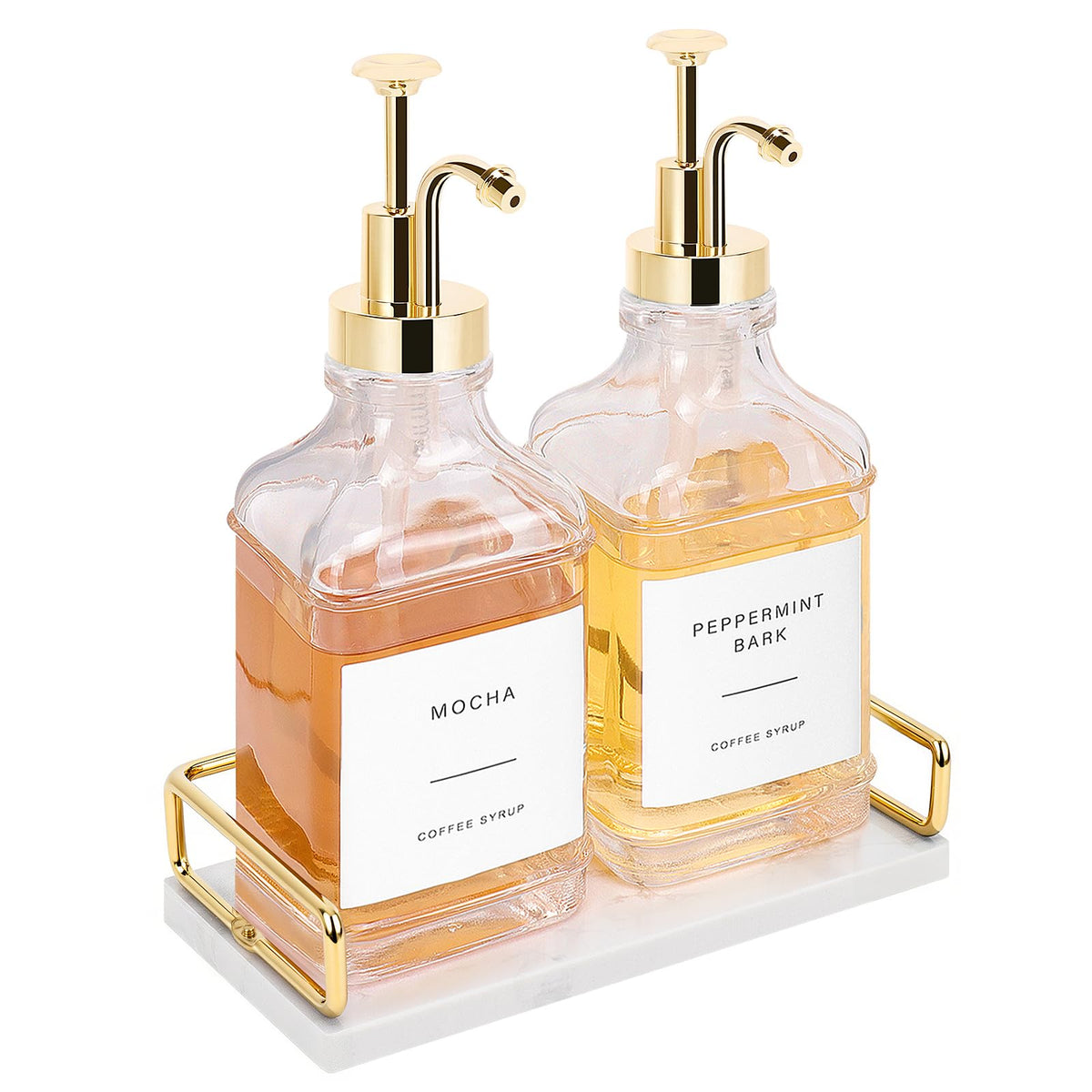 BathAce coffee syrup dispenser set with pumps on marble tray for stylish organization