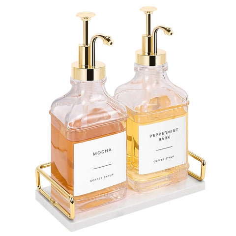 BathAce coffee syrup dispenser set with pumps on marble tray for stylish organization