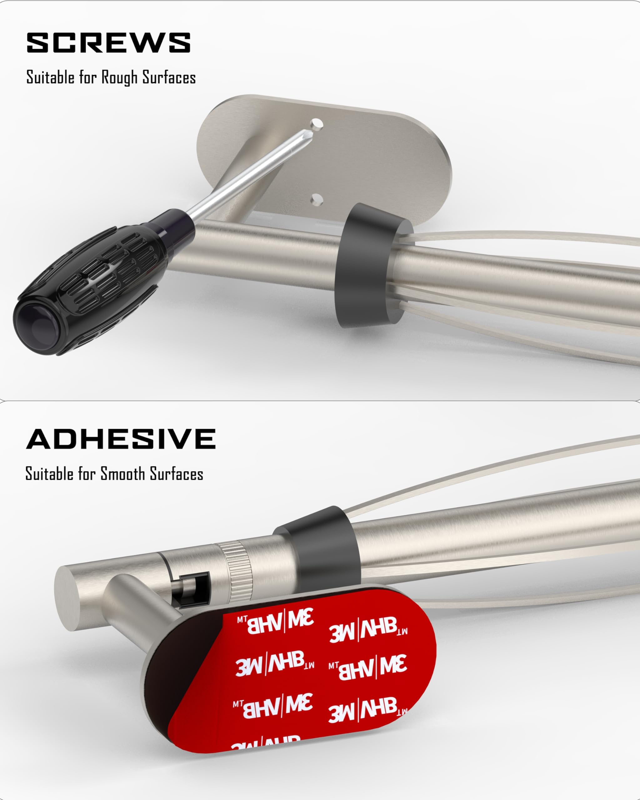 BATHDANCE paper towel holder includes adhesive and screws for flexible installation.