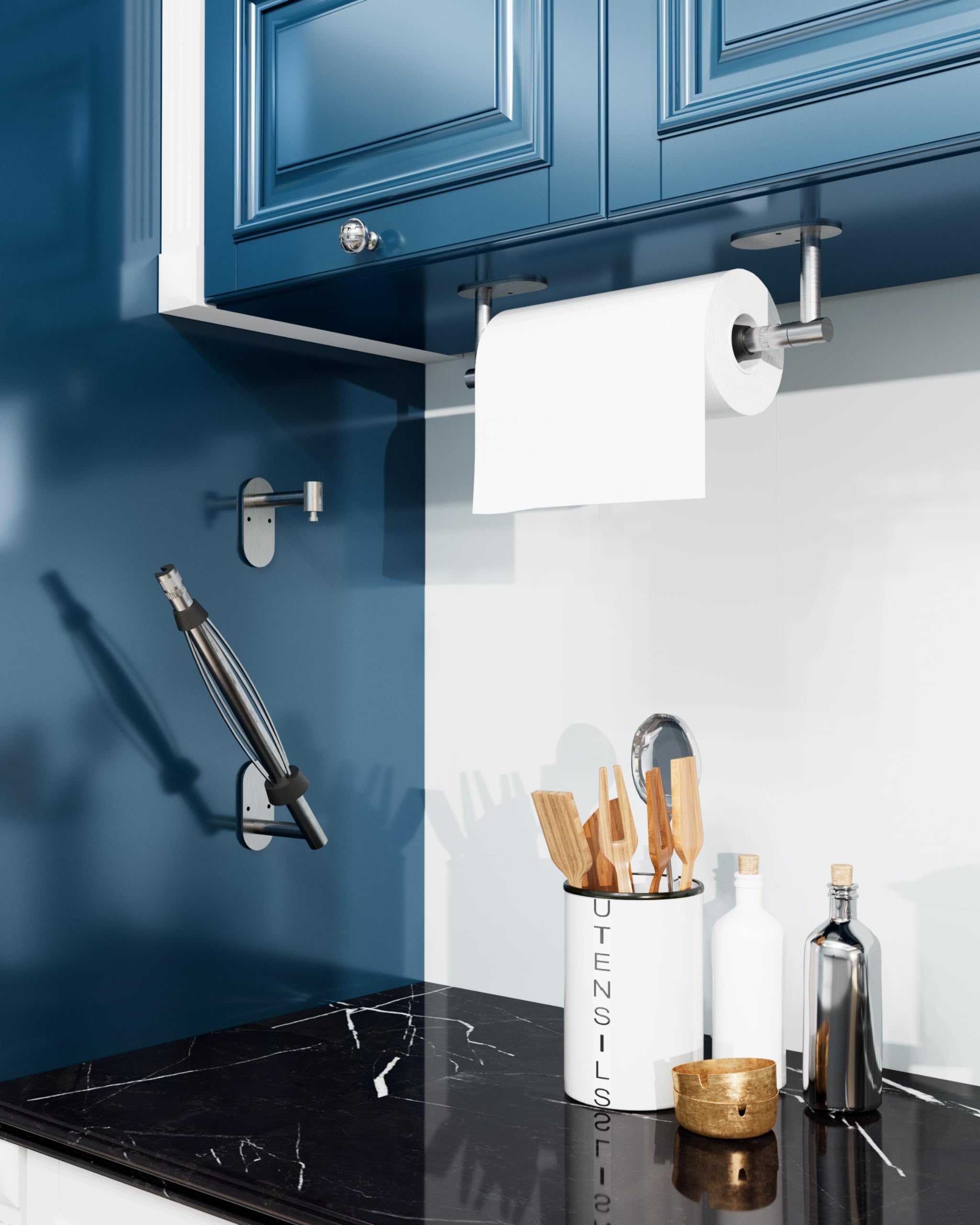 BATHDANCE paper towel holder with double-post pivoting design for easy roll changes.