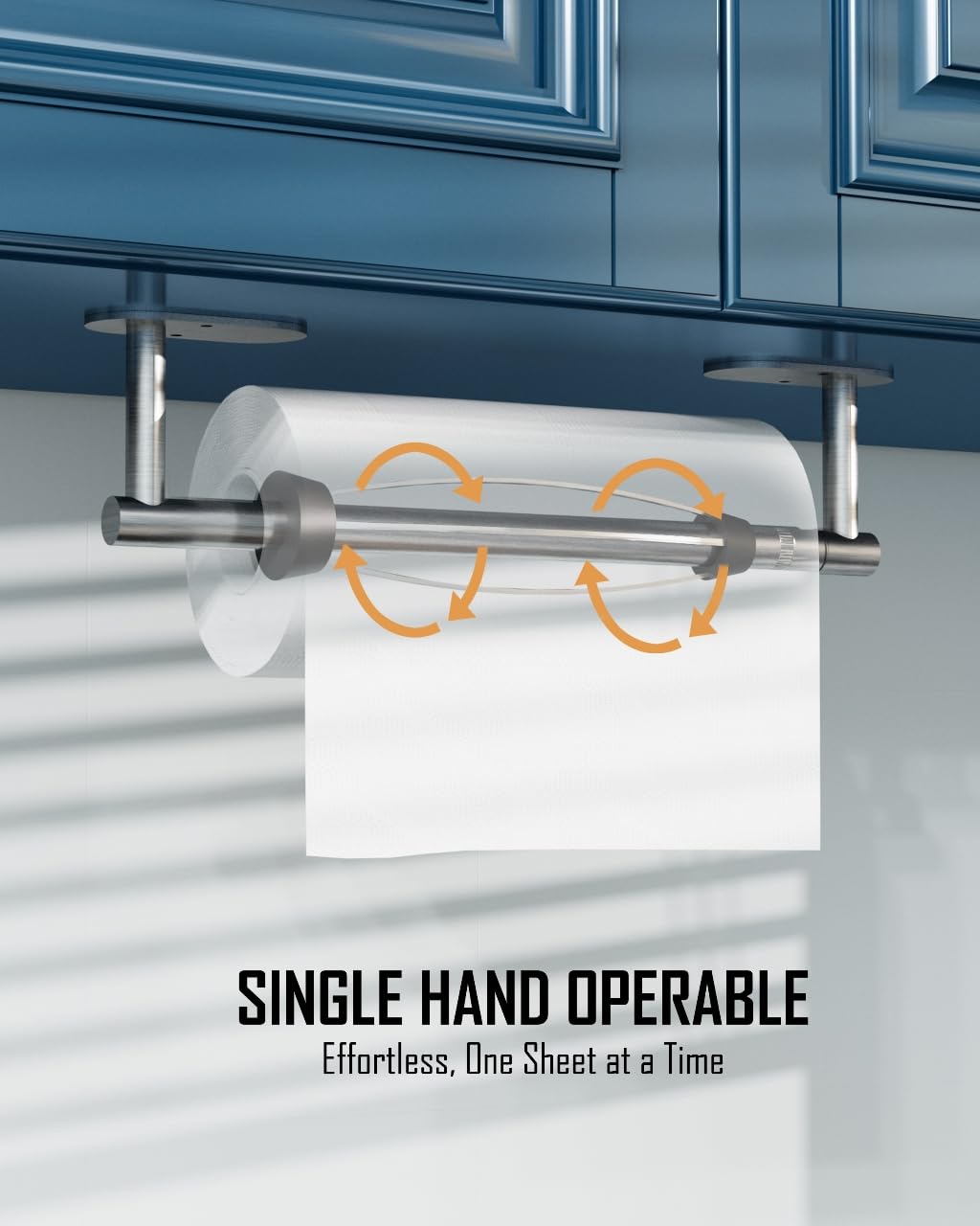BATHDANCE under-cabinet paper towel holder enables one-handed tearing and convenient use.