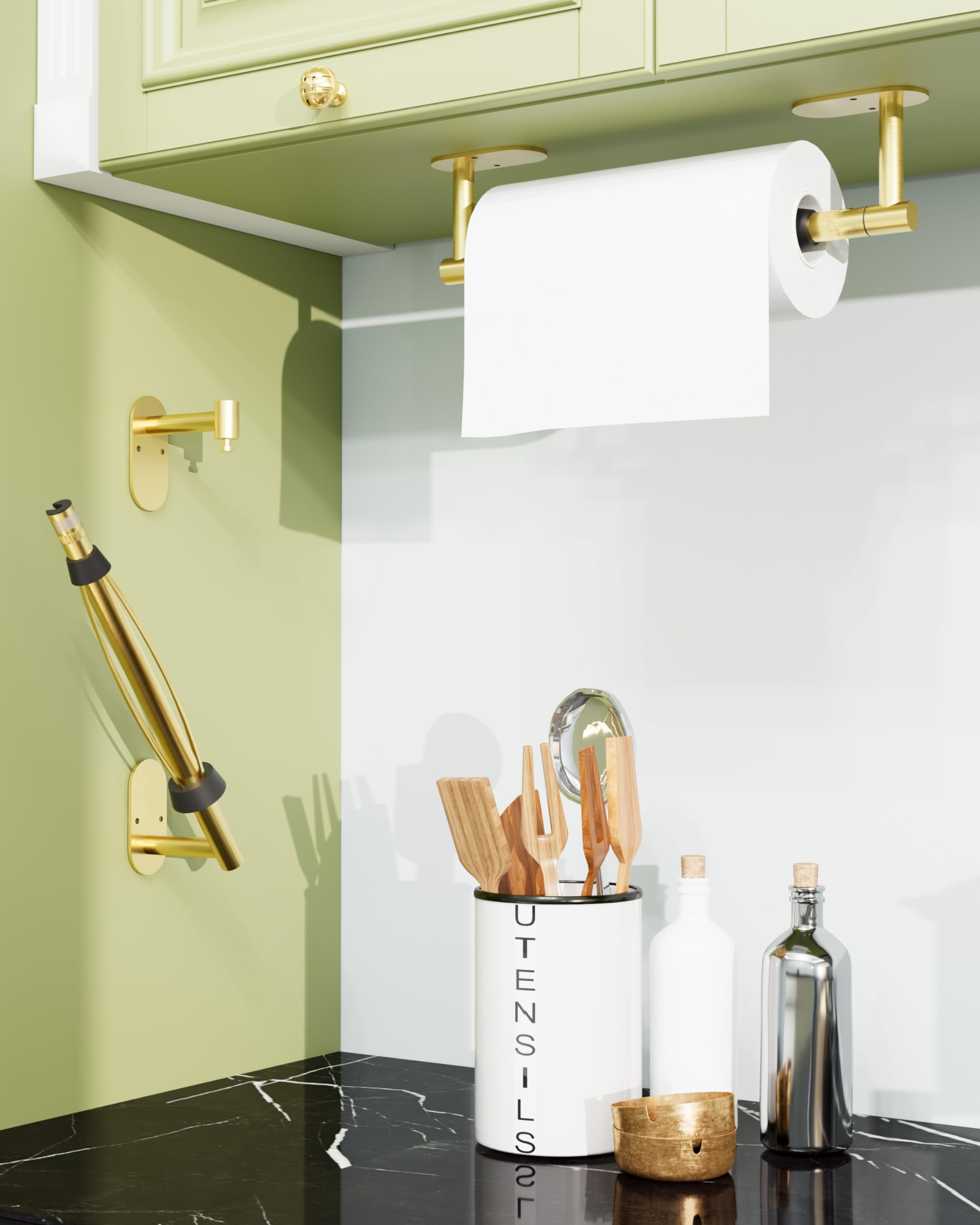 BathDANCE stainless steel under-cabinet towel holder in brushed gold finish adds durability.