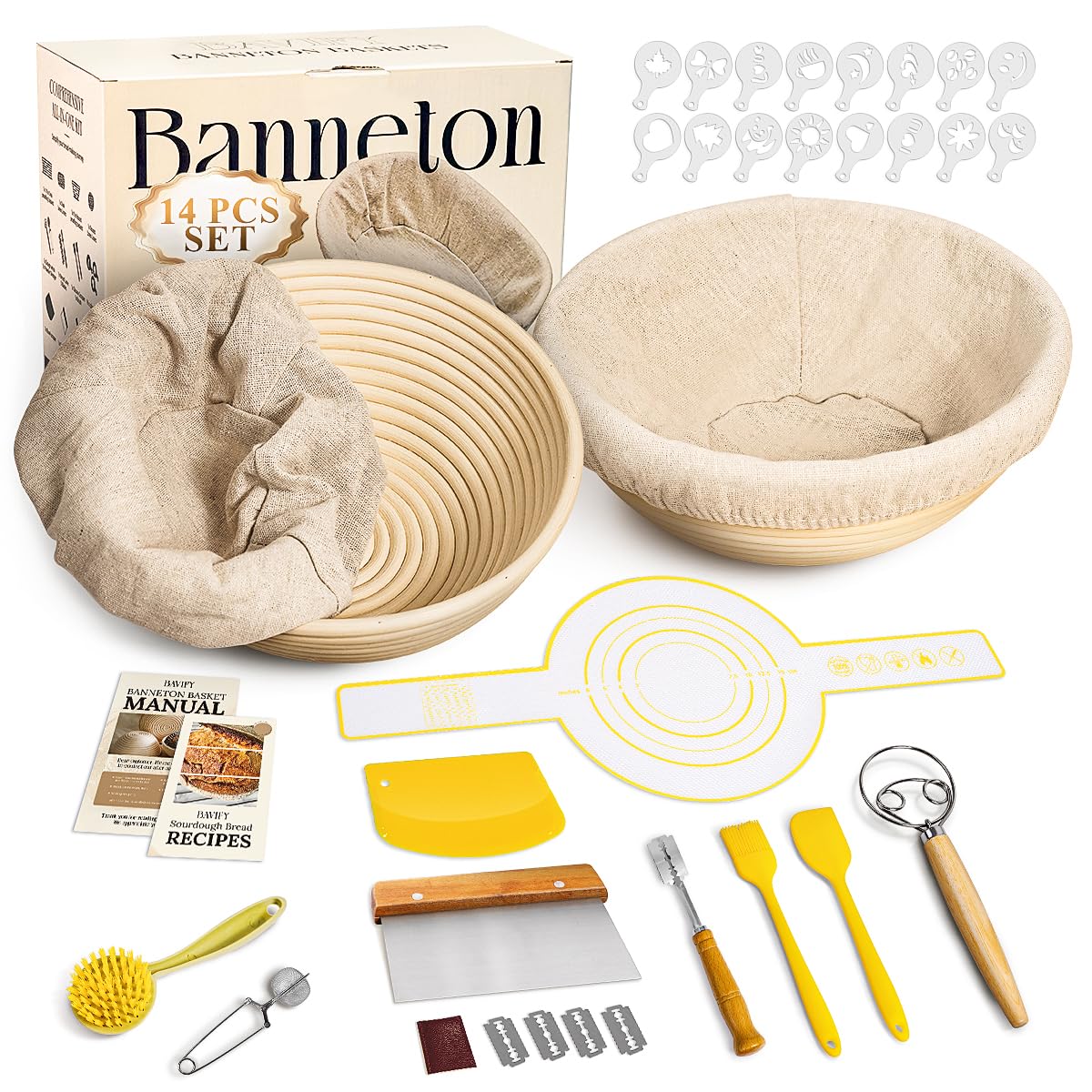 Bavify Sourdough Starter Kit banneton baskets 9-inch for even dough shaping and proofing.