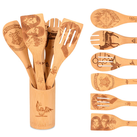 BAWANIL wooden spoon set in holder, sturdy tools for daily cooking.