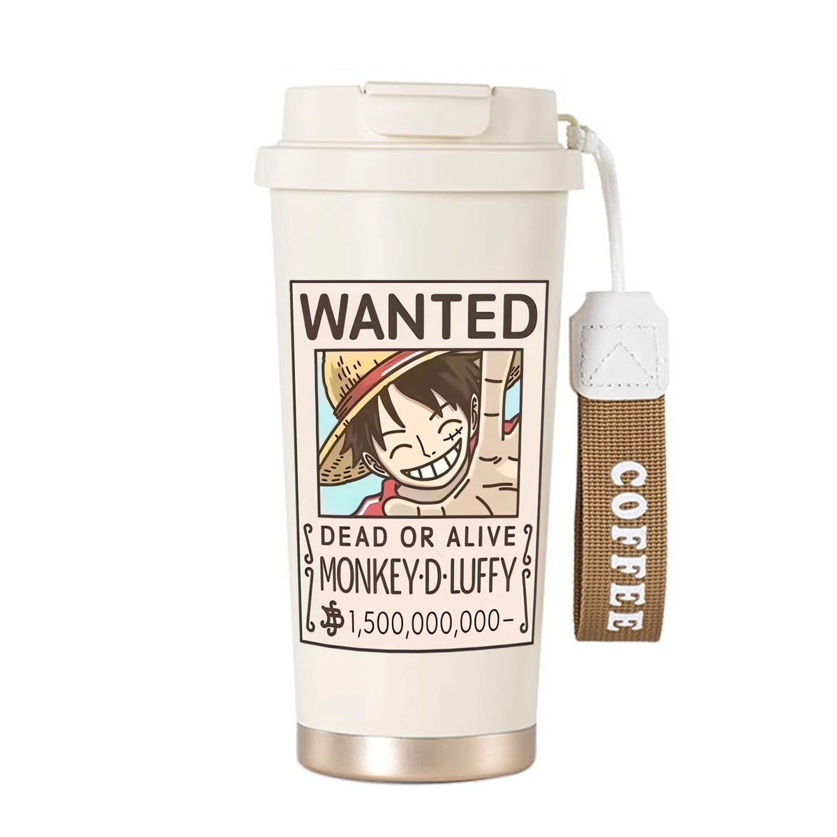 BayJew One Piece Wanted poster tumbler with lid, ideal for travel and hot or cold drinks.