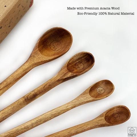 Bayti ergonomic design acacia spoons for comfortable one-handed measuring.