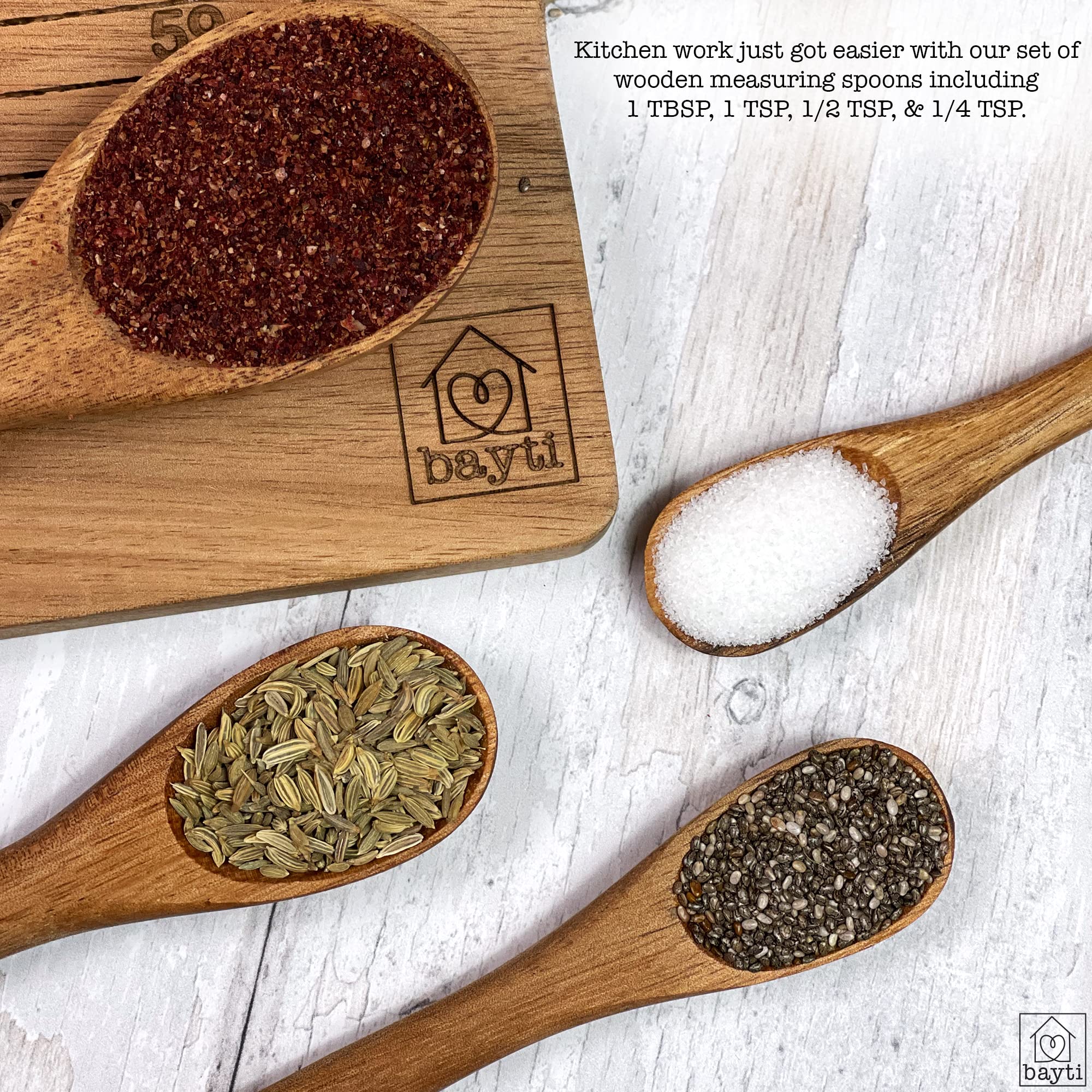 Bayti food-grade acacia wood spoons for safe ingredient handling.