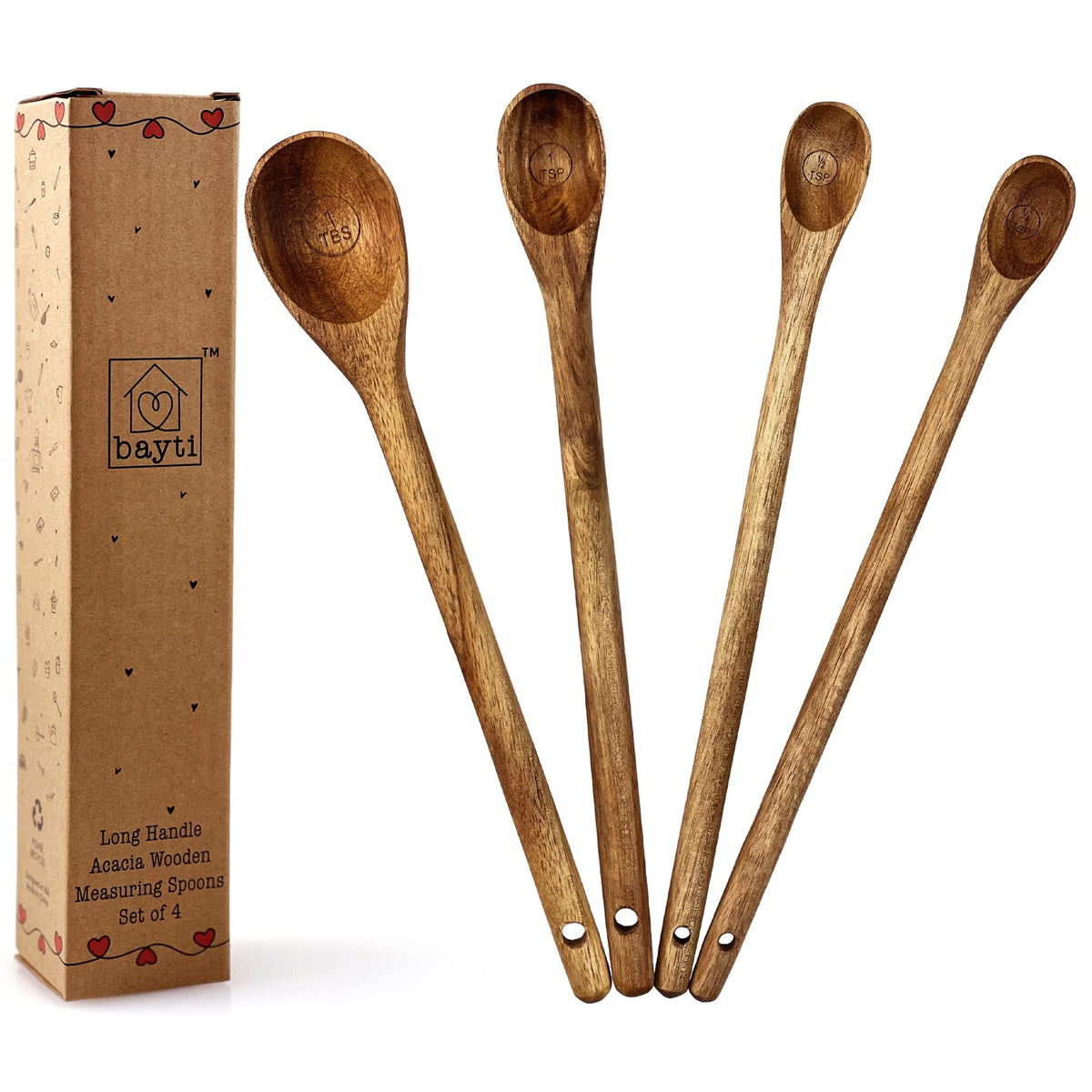 Bayti long-handle acacia measuring spoons for precise ingredient scooping.