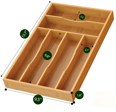 Bayting organizer in a drawer with six slots reduces clatter and tangling of utensils