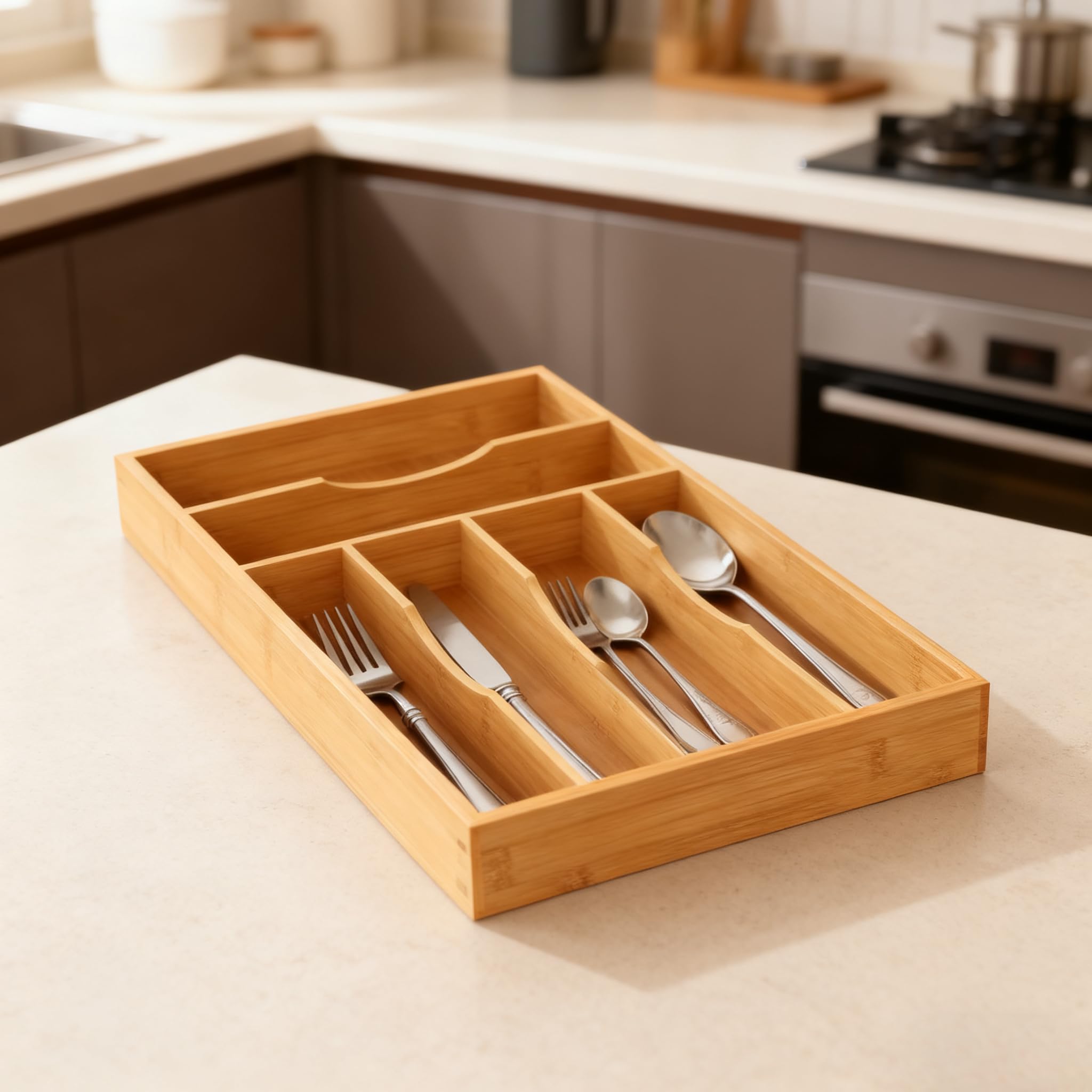 Easy-clean Bayting bamboo organizer wipes clean to preserve shine and durability