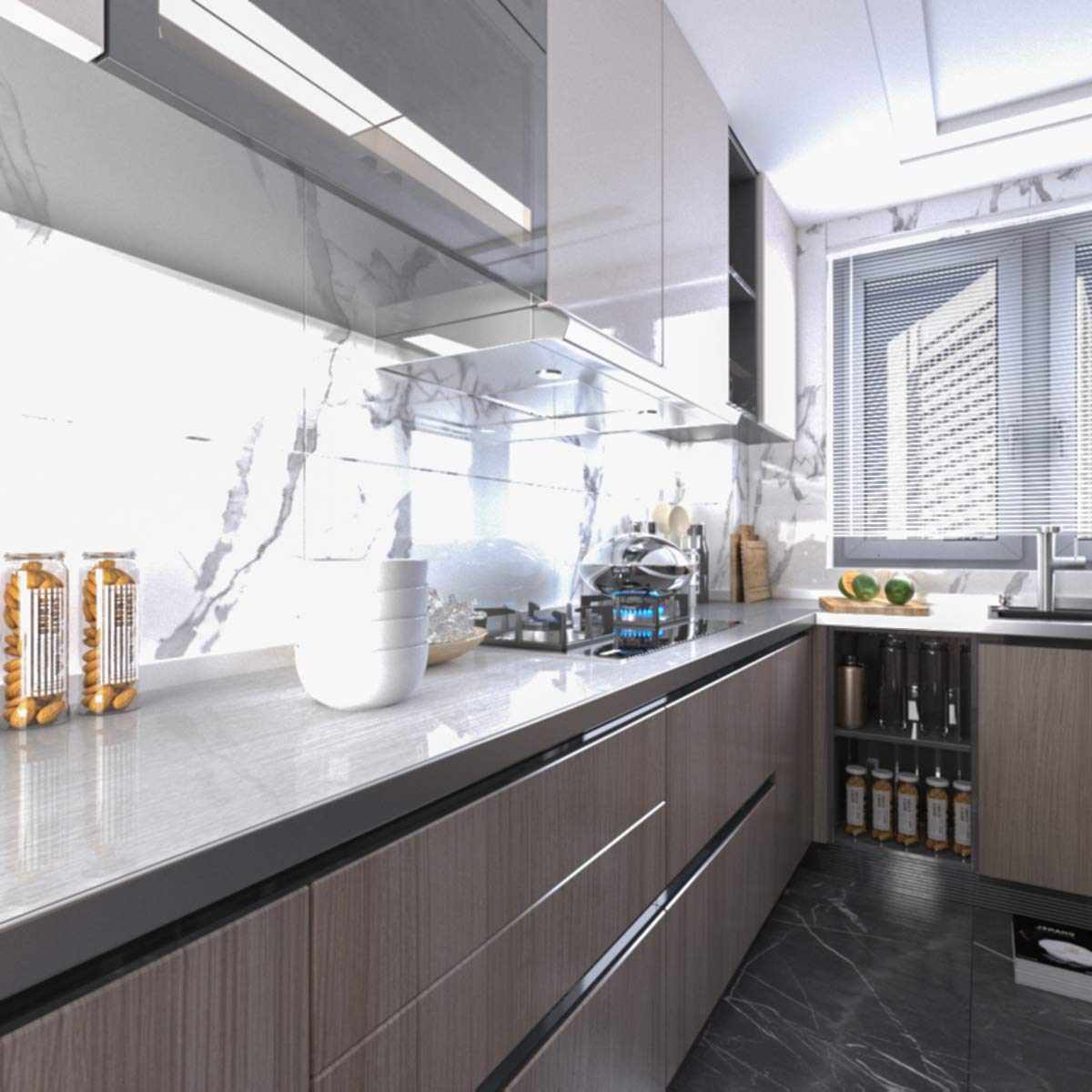 BAYYA silver wallpaper for appliances creates cohesive metal aesthetic across kitchen.