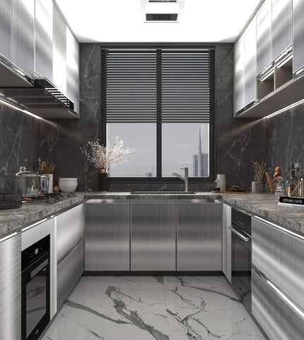 BAYYA silver contact paper on refrigerator door adds stainless feel and easy cleanup.