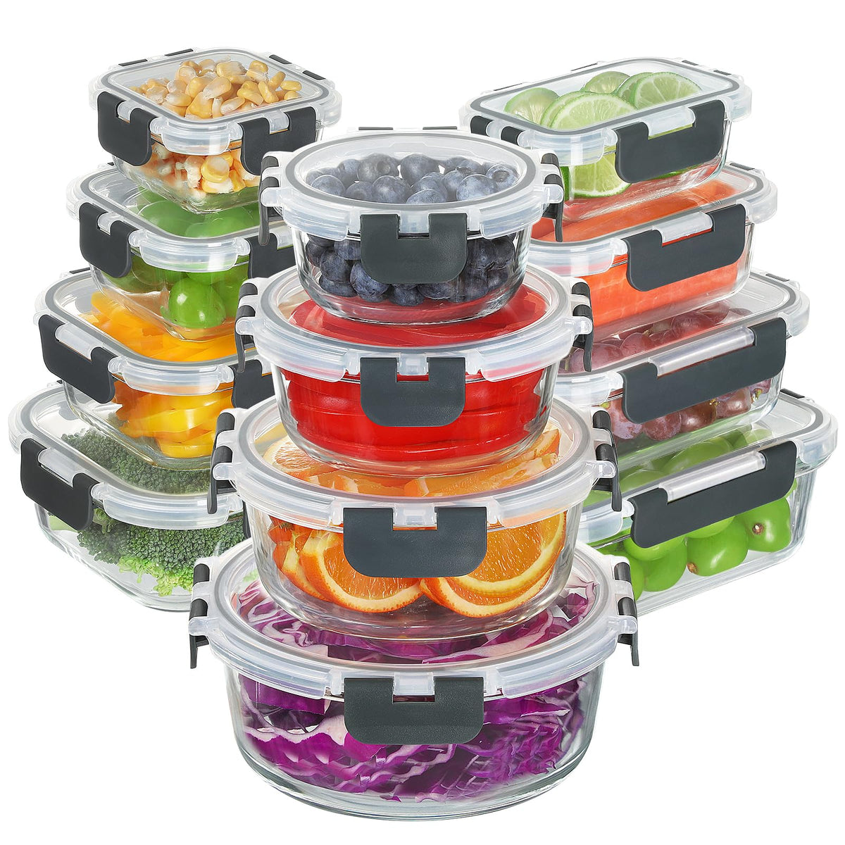 BAYZZ 24-piece square glass containers with airtight lids for fridge organization and meal prep