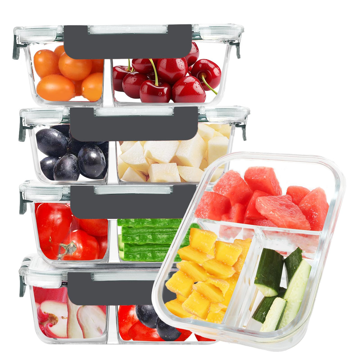 BAYZZ 5-pack 35oz glass meal prep containers with three compartments for balanced meals