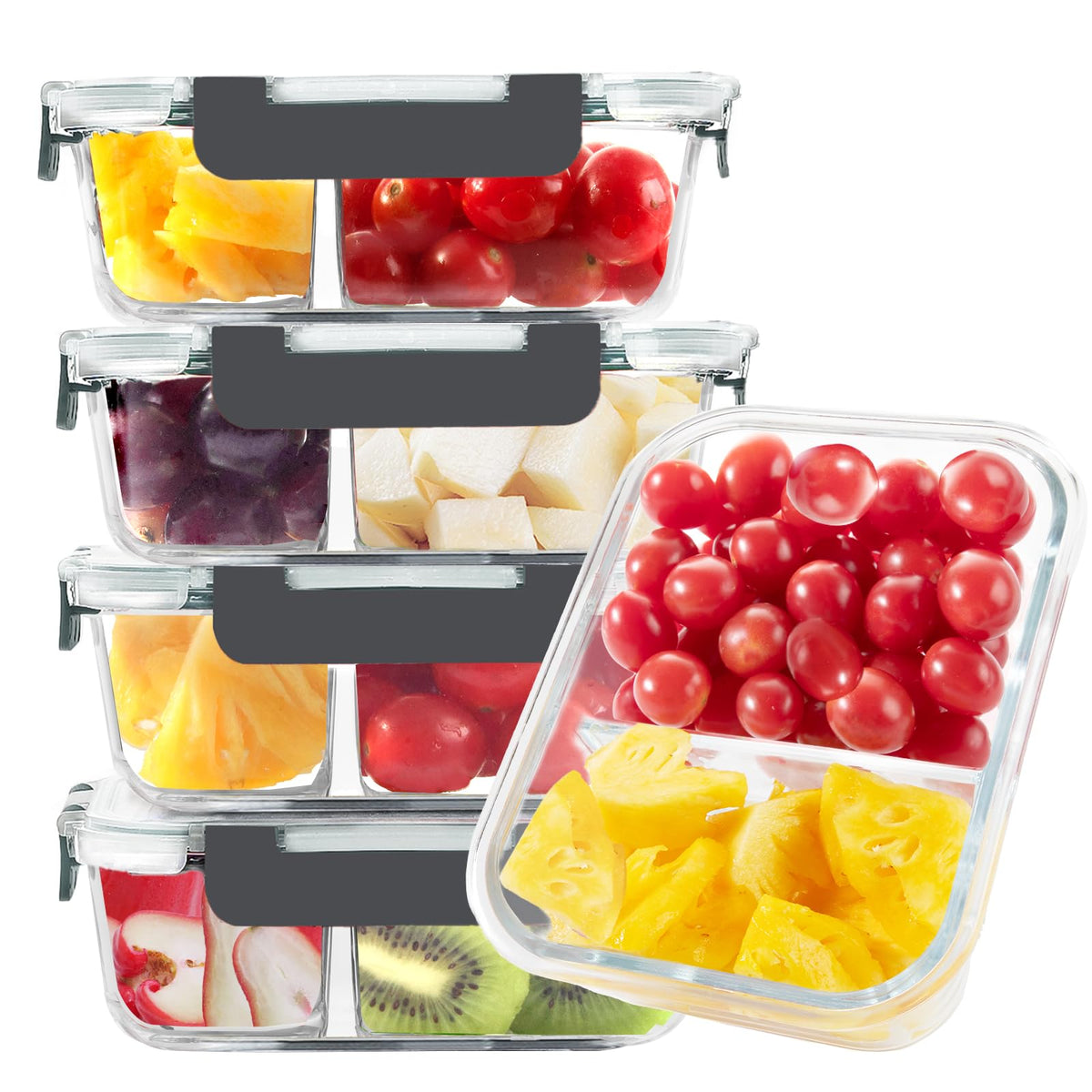 BAYZZ 5-pack glass meal prep containers with two compartments for balanced meals.