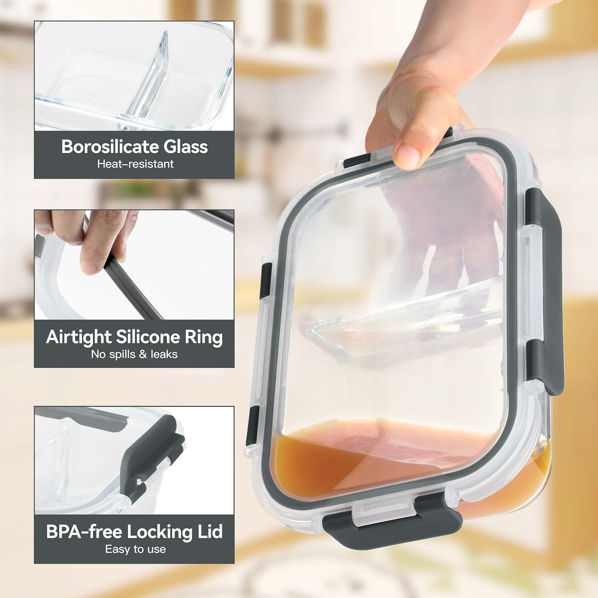 BAYZZ two-compartment bento lid seals tightly to keep ingredients fresh.