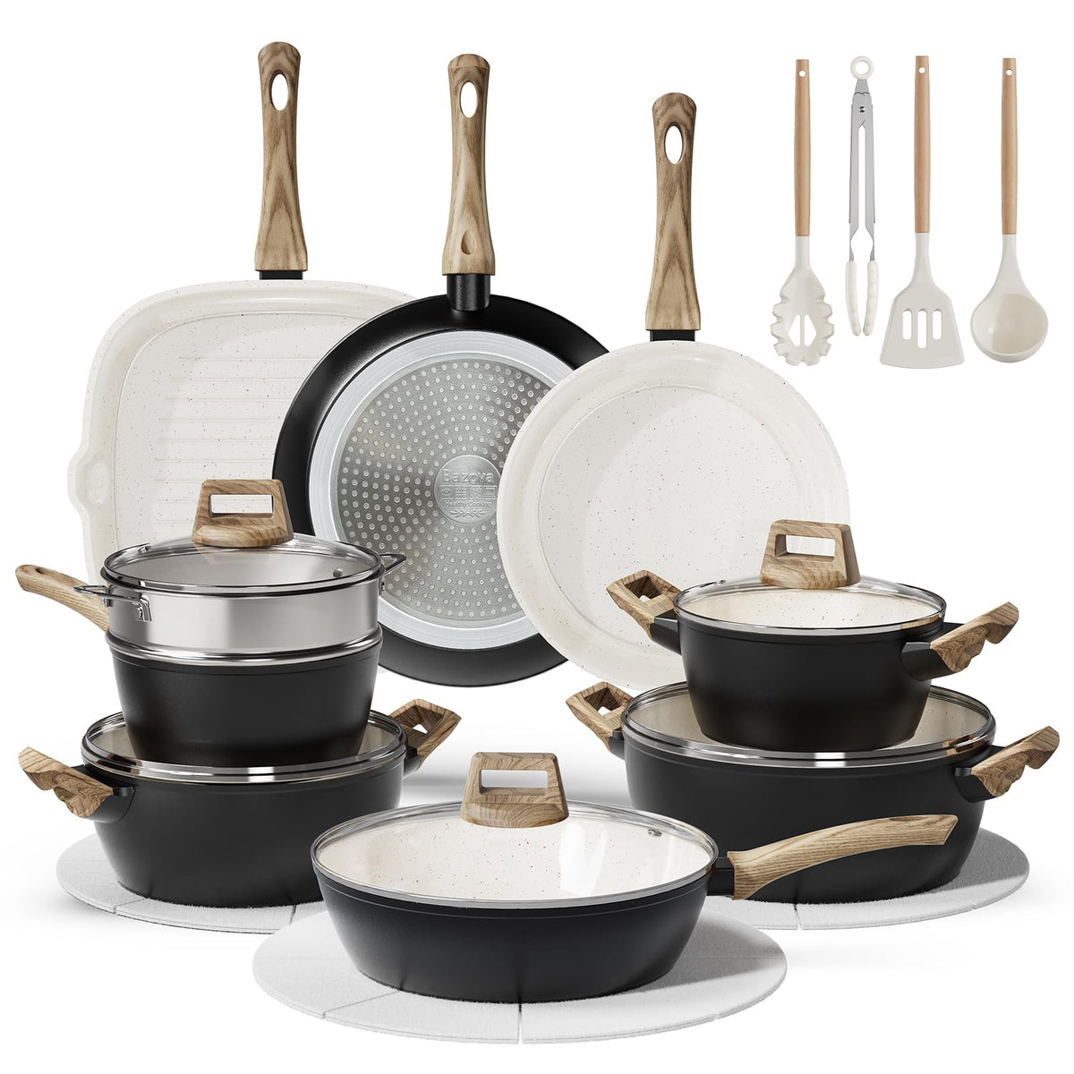Bazova 24-piece cookware set in use for everyday family meals.