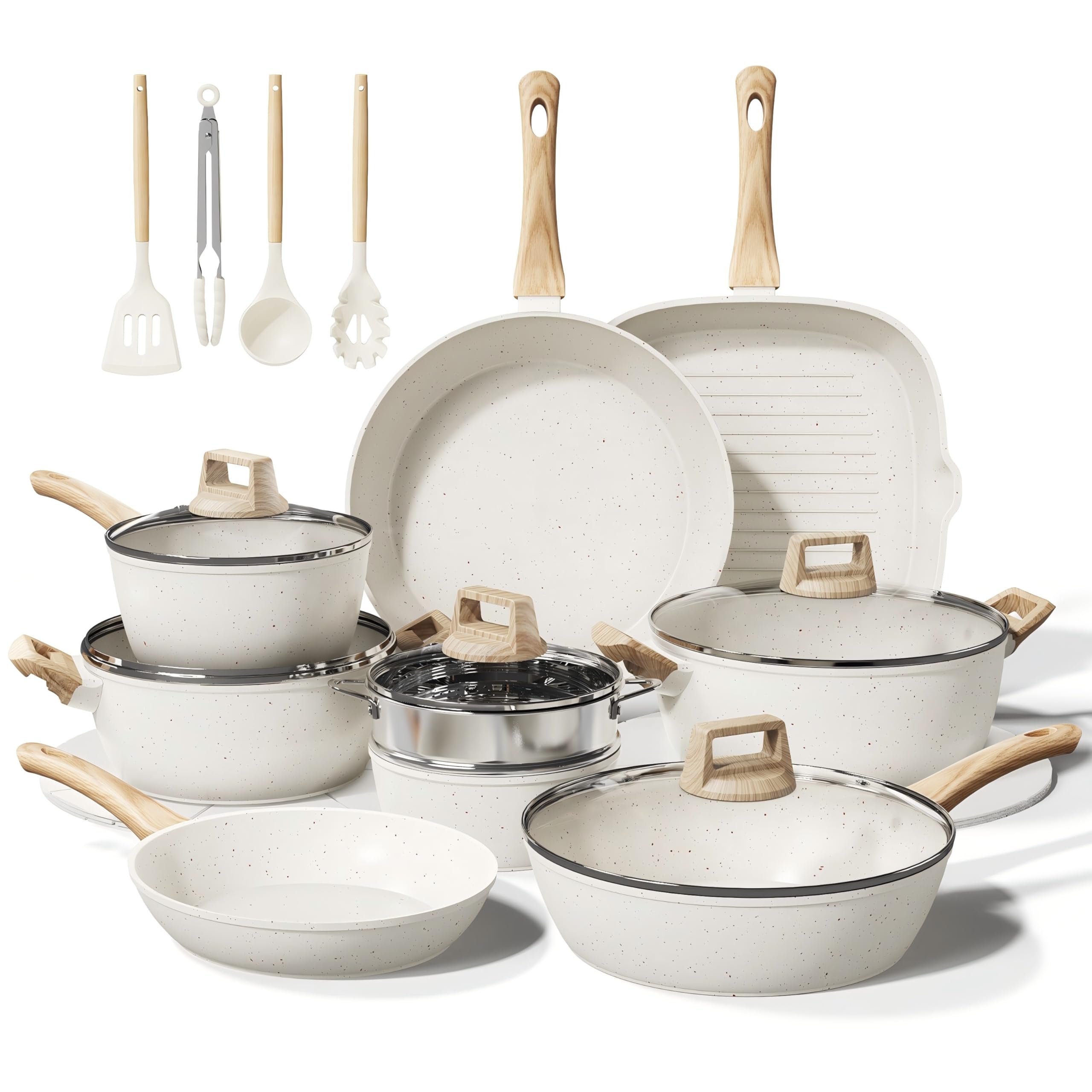 Bazova 24-piece pots and pans set in cream white for family meals.