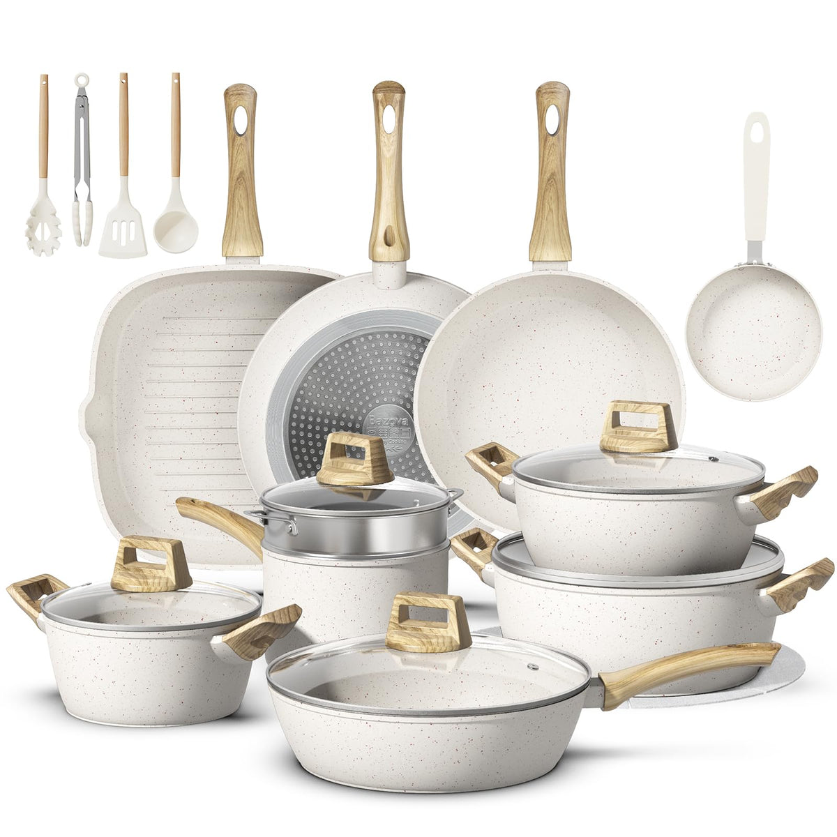 Bazova 25-pcs ceramic set on countertop demonstrates toxin-free cooking and easy cleanup.