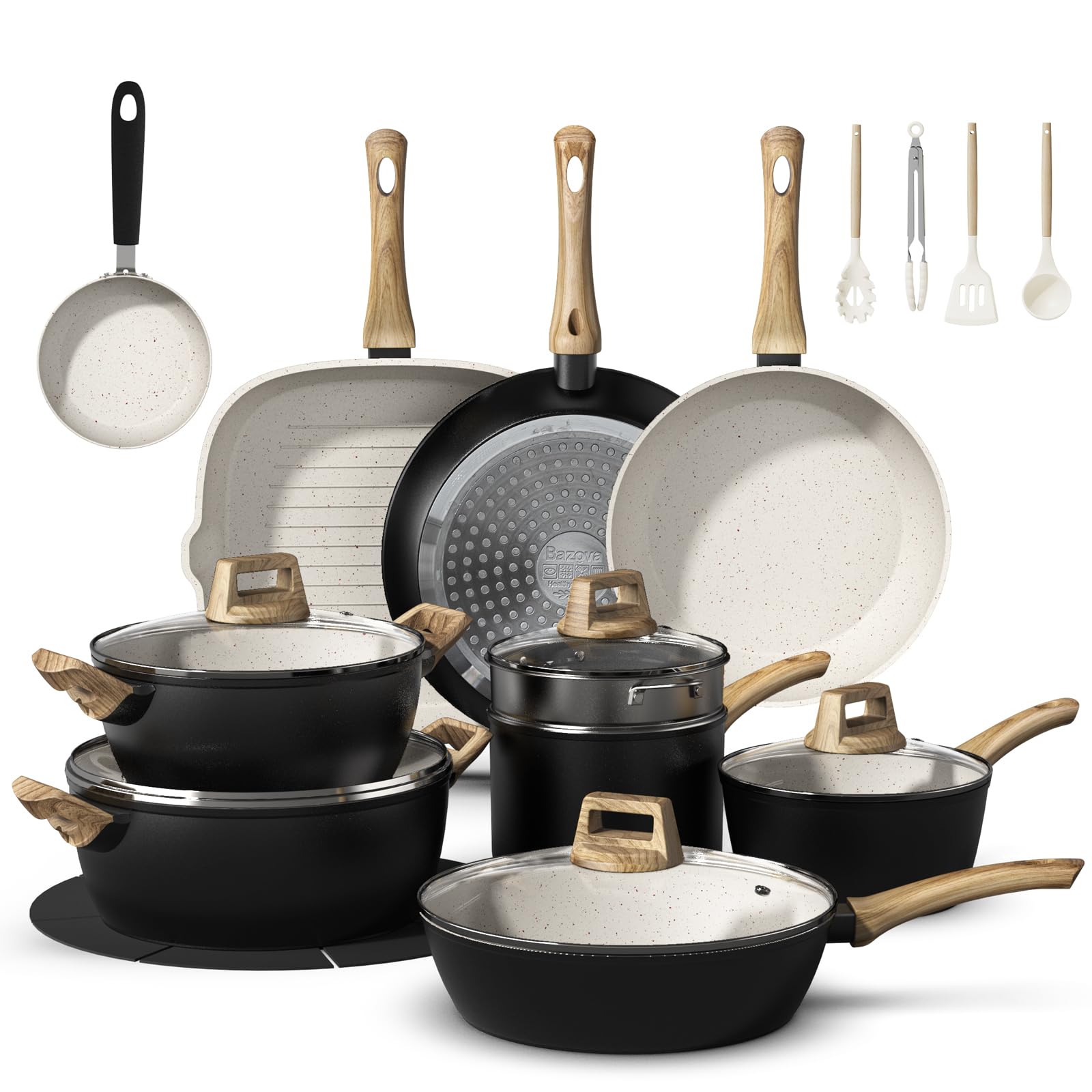 Bazova 25-piece pots and pans full set on kitchen counter, ideal for family dinners.