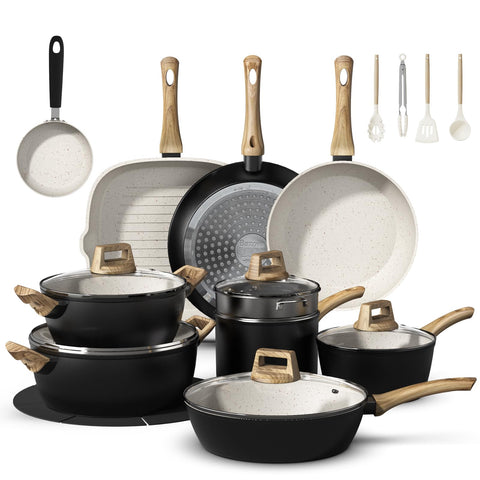 Bazova 25-piece pots and pans full set on kitchen counter, ideal for family dinners.