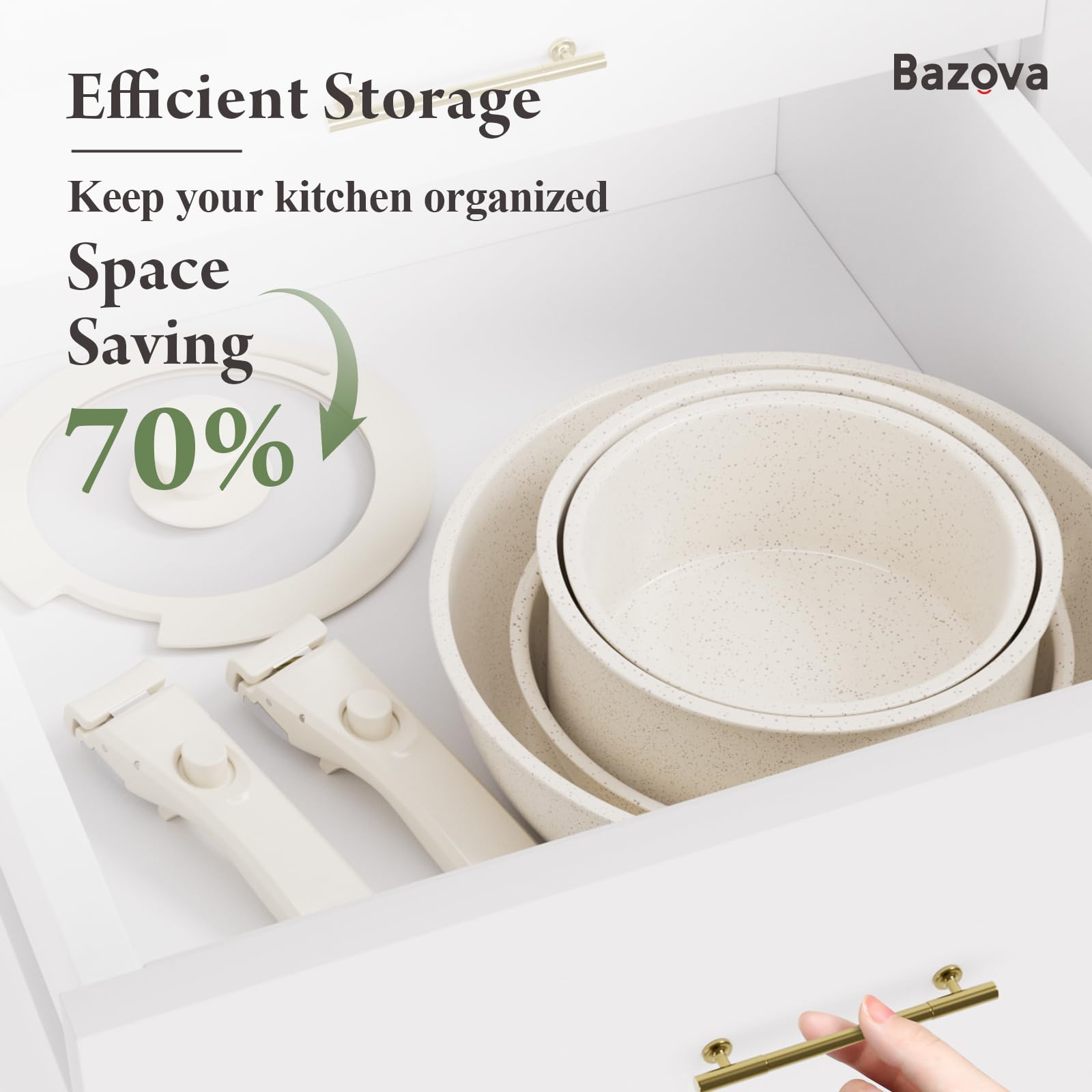 Bazova cookware with clicks-to-lock detachable handles for baking dishes and easy storage.