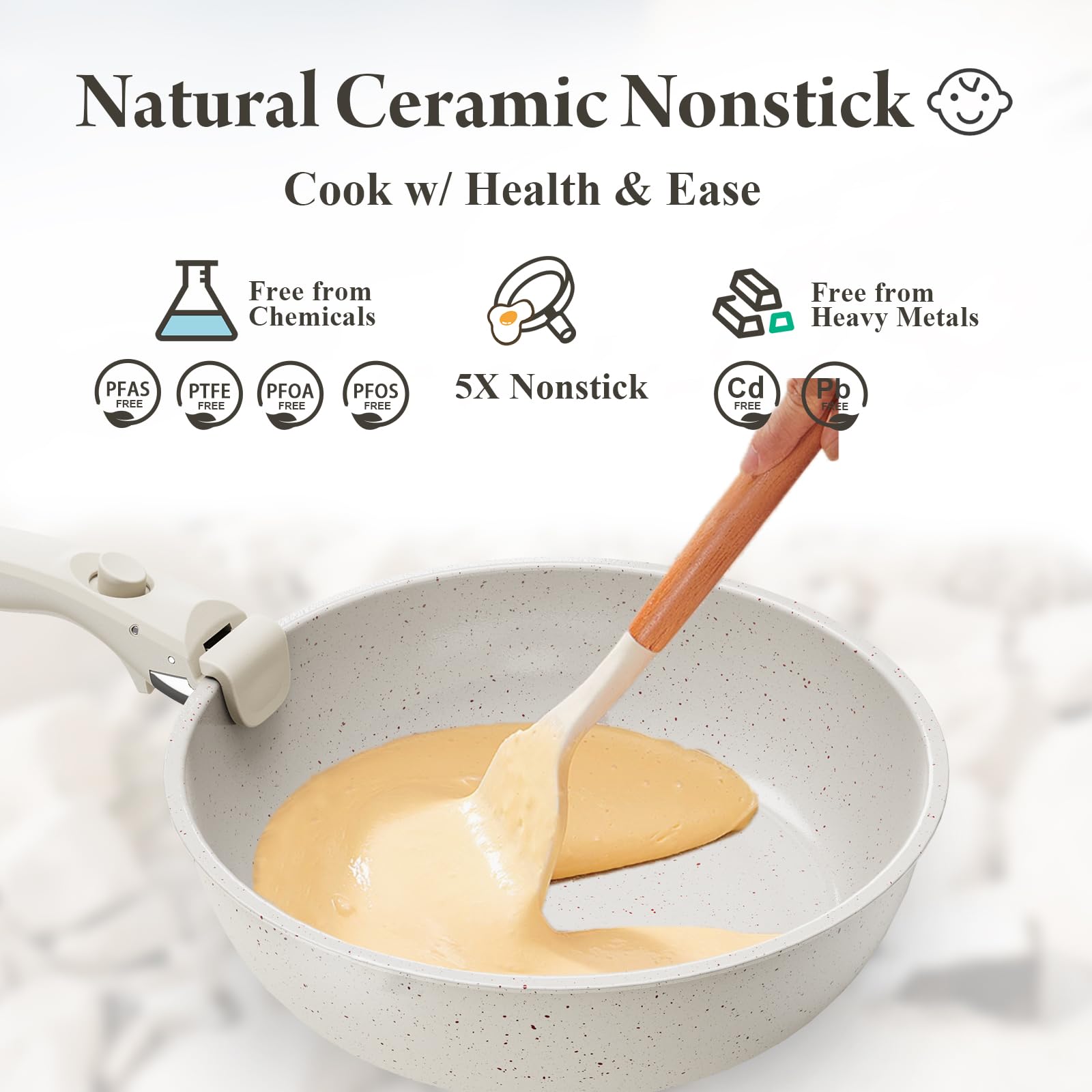 Bazova cream white ceramic nonstick finish adds a sleek look and durability.