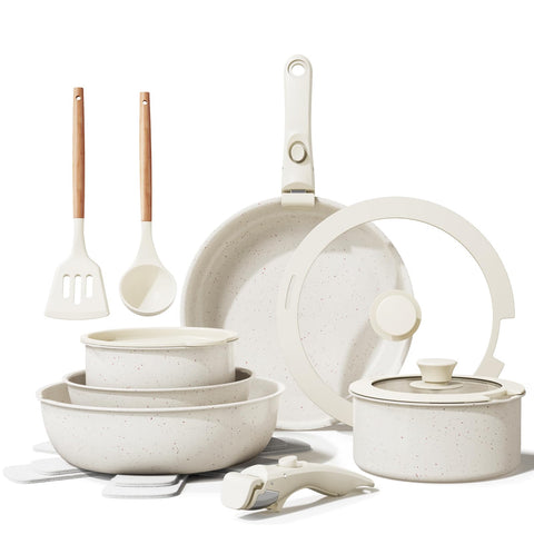 Bazova ceramic nonstick cookware set with stacked pots and pans saves space in compact kitchens.