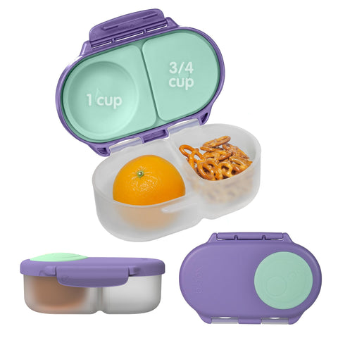 b.box Lilac Pop snack box open shows two compartments for organized snacks.