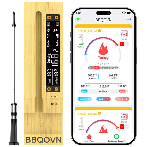 BBQOVN Smart Wireless Thermometer image showing app monitoring from anywhere.