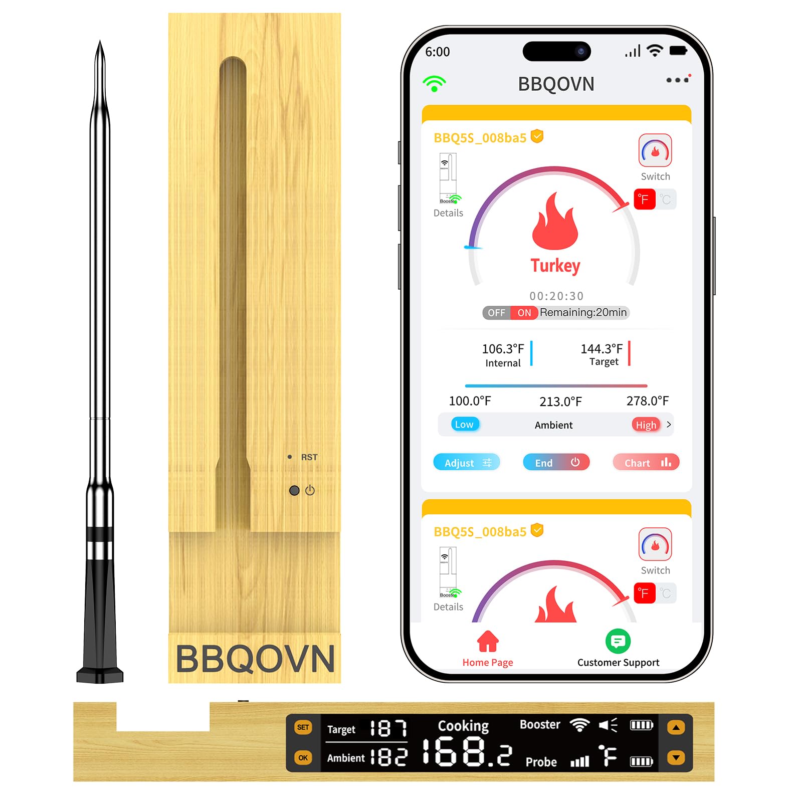 BBQOVN WiFi Sub-1G remote temperature monitoring for real-time updates.