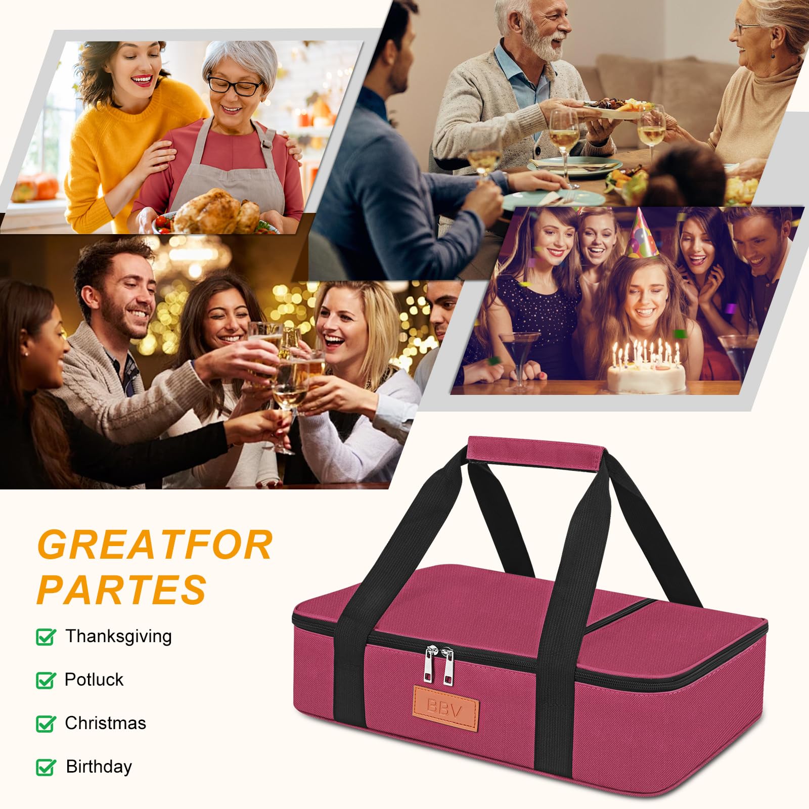 BBV casserole carrier fits 9x13 dish and accessories for on-the-go serving.