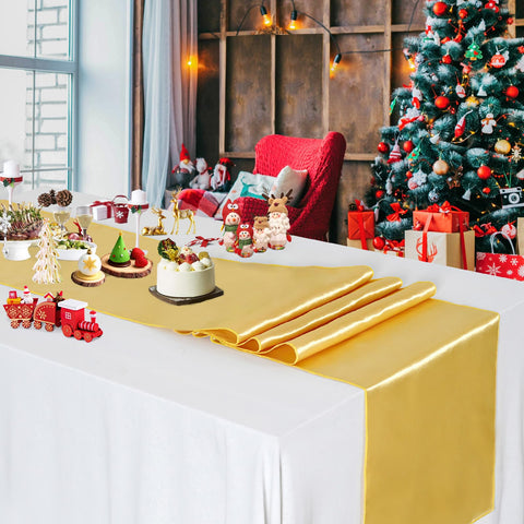 B-COOL wedding banquet table setup with gold satin runners for refined ambiance.