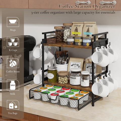 BCOZLUX coffee bar organizer 3-tier mug hooks keeping cups within reach.
